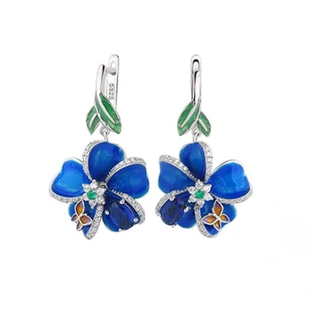 

Blue Flower CZ Stone Silver Plated Drop Earrings Fashion Jewelry Handmade Enamel Dangle Earrings For Women