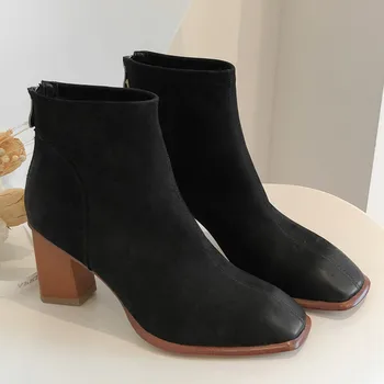 

Women's genuine leather thick high heel square toe gradient color autumn warm plush ankle boots elegant ladies dress boots shoes