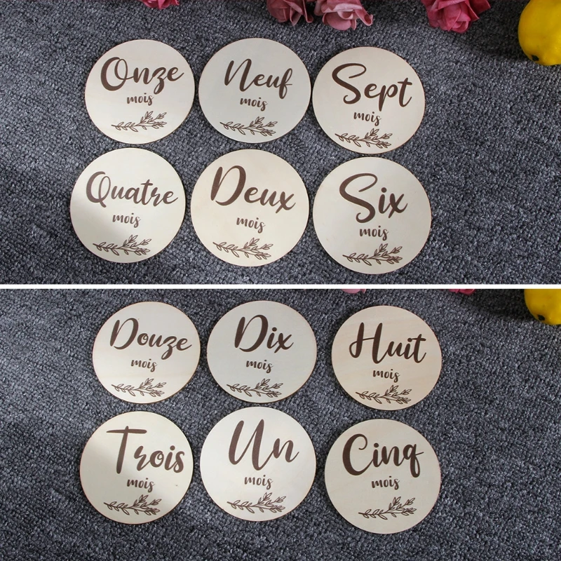 Wooden baby milestone cards 6 Pcs Handmade French Letters Baby Milestone Cards Double-sided Monthly Growth Recording Photo Cards Newborn Birth Souvenir Prop