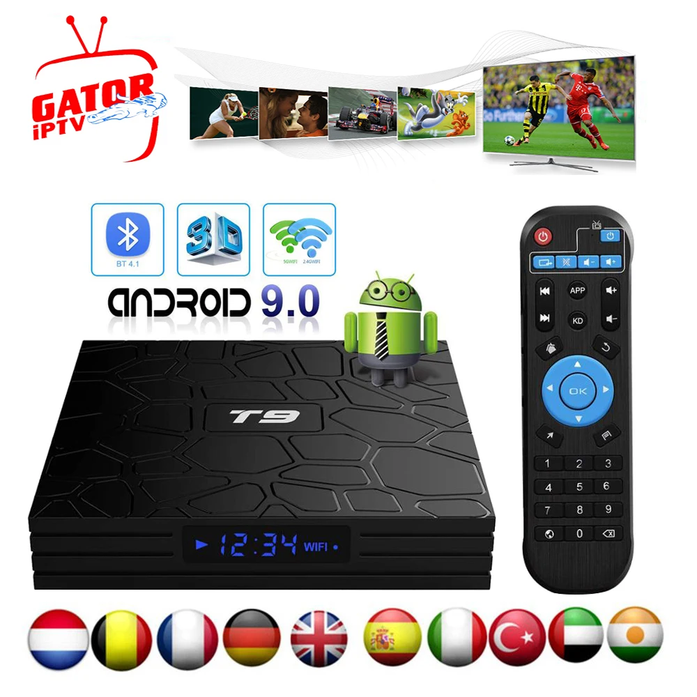 

T9 box tv android 9.0 RKchip QuadCore USB 3.0 4K Set Top Box with 1 Year france spanish italia sweden Germany portugal iptv m3u