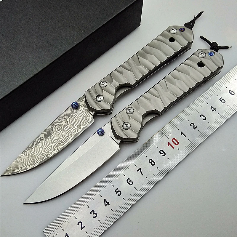 

small folding knife D2 Damascus blade EDC pocket survival tactical knives camping titanium handle portable fruit fishing tools