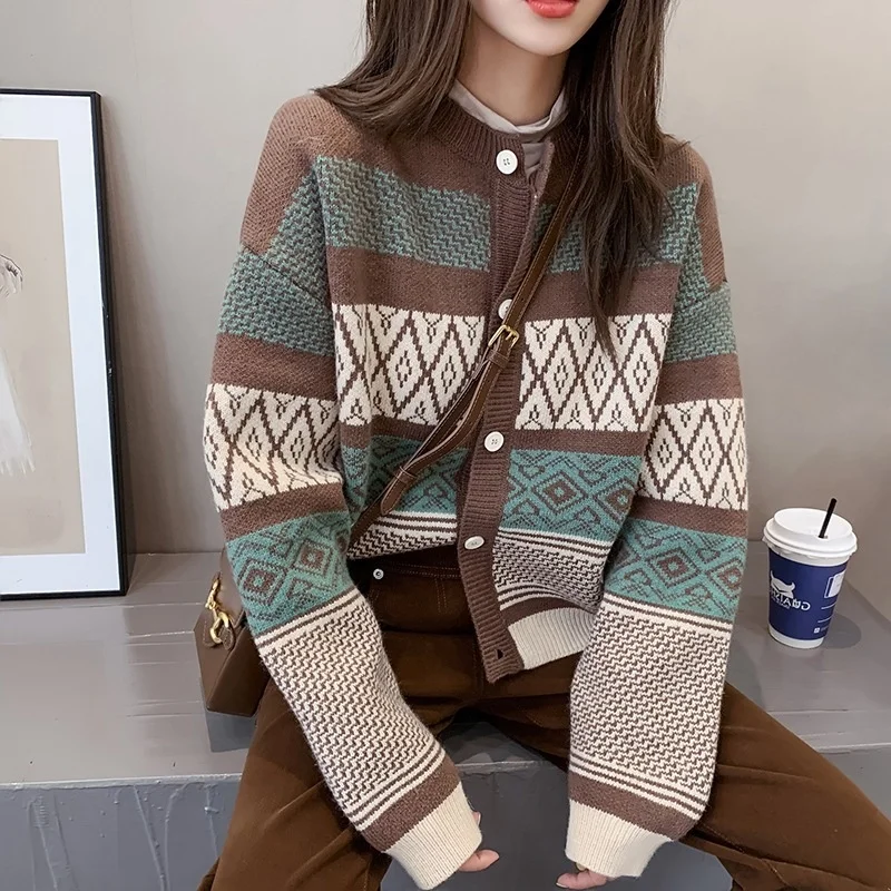 Women Brown Cardigan Sweater Brown Striped Cardigan Brown Knitted