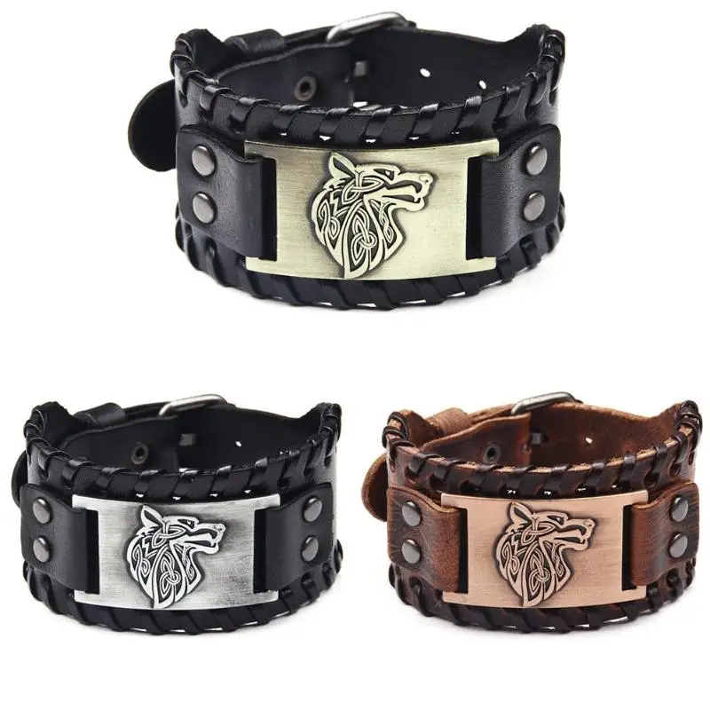 

Vintage Men Bracelet Weave Bangle Wide Leather Adjustable Wolf Head Bracelet Jewelry