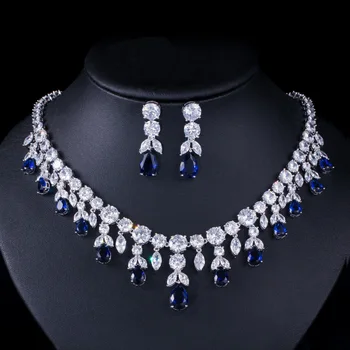 

2020 New fashion retro blue GREEN CZ zircon necklace earring jewelry set wedding bridel banquet party dinner dressing jewelry