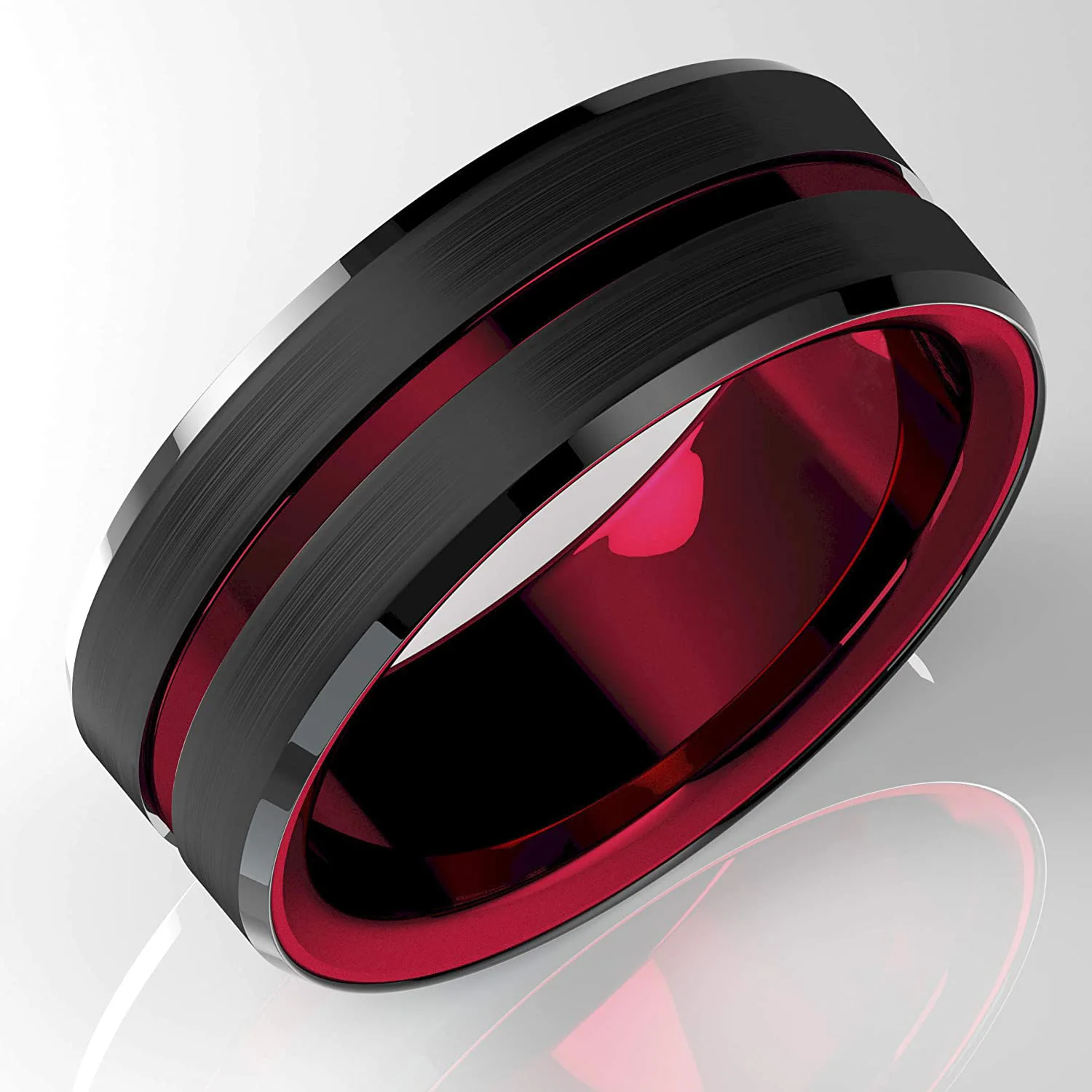Anillo de acero de tungsteno para hombre, anillo de boda de 8MM con borde de escalera cepillado negro, ranura roja, regalo de San Valentín