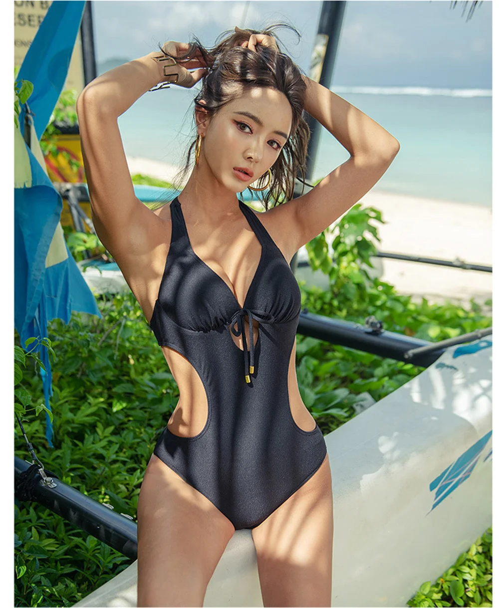 Sexy Halter Push Up Cut Out Front Tie Backless One Piece Swimsuit Ladies 2020 Monokini Swimwear Women Swim Bathing Suit Trikini