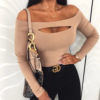

Autumn new 2020 off shoulder hollow crop top t shirts long sleeve solid short t-shirts for women clothing fashion slim t-shirt