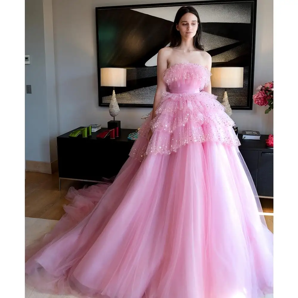 

2019 Dubai Saudi Party Gowns Formal Dress Pink Tulle Evening Dress With Beading Gorgeous Evening Gowns robe de soiree Party
