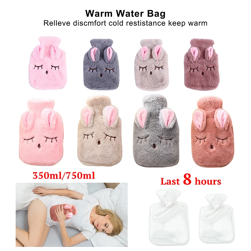 Botella de agua caliente de dibujos animados para invierno, bolsa de agua caliente para terapia de alivio del dolor de estrés de PVC con cubierta de punto suave y acogedor, bolsa de mano, herramienta
