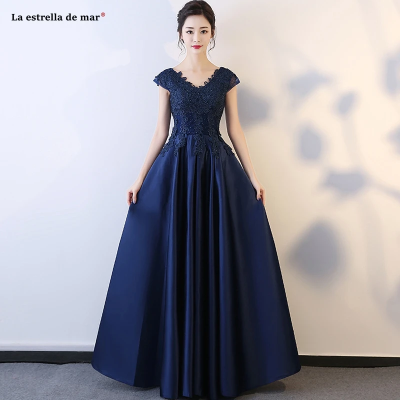 Vestido de festa para casamento Новое Кружевное атласное сексуальное платье трапециевидной формы с v-образным вырезом темно-синего цвета для подружки невесты длинное платье demoiseur d'honneur