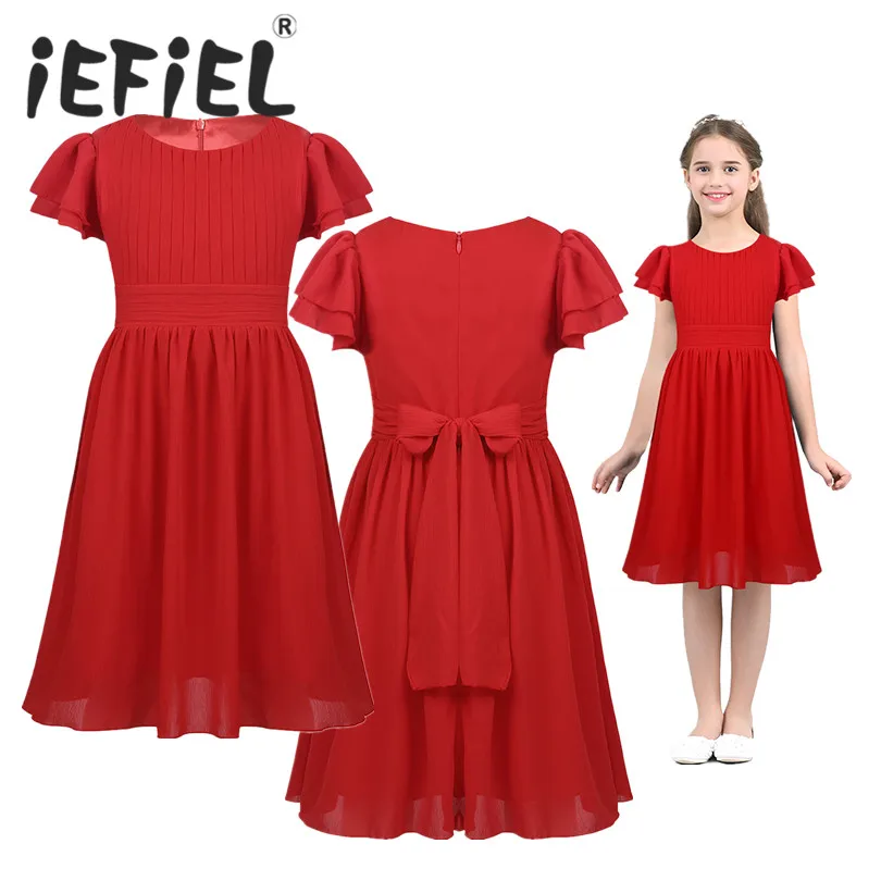 

Summer Girls Princess Chiffon Tulle Girls Flower Dress New Year Gift Red Dress Children Birthday Party Teenage Formal Clothes