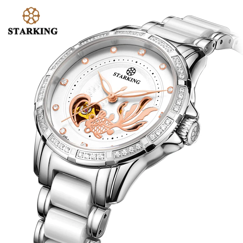 

STARKING Mechanical Watch Women Automatic Skeleton Fashion Ladies Dress Watch With Rhinestone White Ceramic Wristwatches Relogio