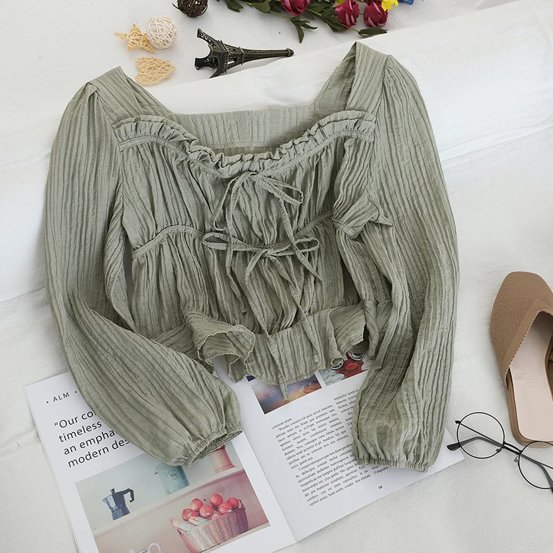 Women Blouse Shirt Женская плиссированная рубашка с рукавом-фонариком и оборками, винтажная короткая эластичная тонкая облегающая повязка на бретельках, пуловер, блузка, топы - Цвет: Women Blouse Shirt