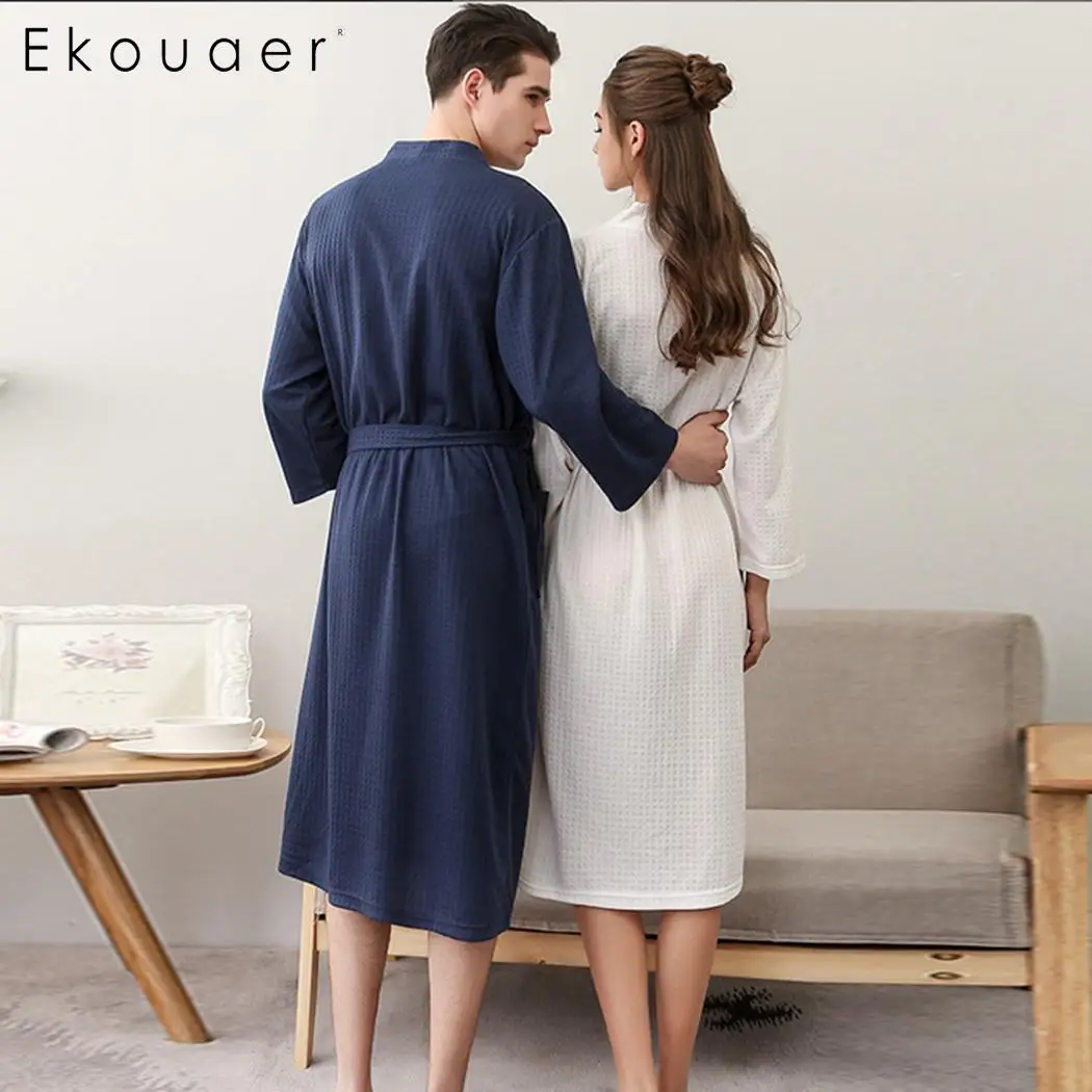 Ekouaer/женская и Мужская одежда для сна пеньюары домашний халат с v-образным вырезом, 3/4 рукав, однотонный карман, на шнуровке, ночное платье средней длины, банный халат унисекс