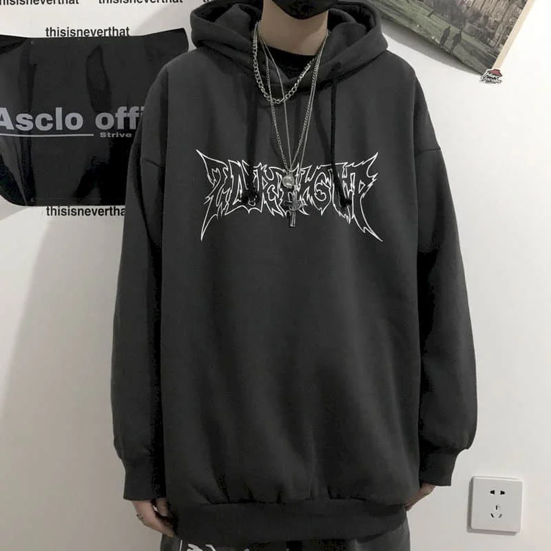 

gothic hoodies men Autumn and winter Korean ins dark retro Harajuku Sanskrit letter printing bf loose plus velvet hooded sweater
