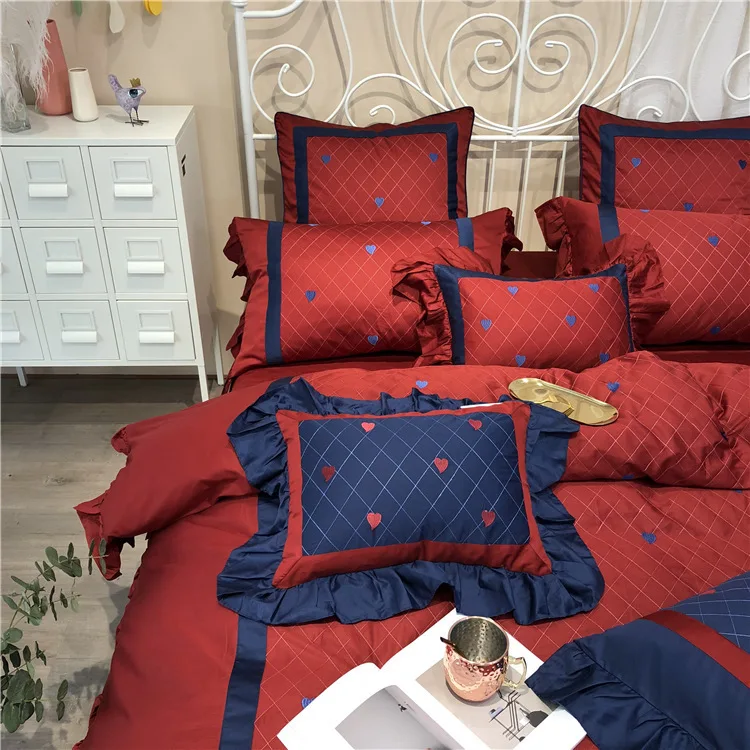 ANNAs Good Stuff Wine Red Quilt Cover 4pcs Bedding Set Egyptian cotton Wedding Article Princess Style Pillow Case Wedding Gifts