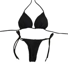 Женский сексуальный комплект бикини из двух частей с лямкой через шею и регулируемыми бретельками, треугольный бюстгальтер с рюшами, низкая талия, Т-образная спинка, на шнуровке, с боковой завязкой, одноцветные стринги