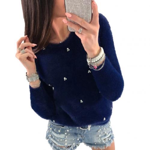 Winter Women Fashion Faux Pearl Beading Solid Color Plush Long Sleeve Pullover Solid Color Warm Polyester Spandex pullover