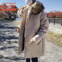 Liketkit, мужские зимние куртки и пальто с капюшоном,, одноцветное, большой меховой воротник, длинное пальто, мужская, корейская мода, свободная, плотная парка