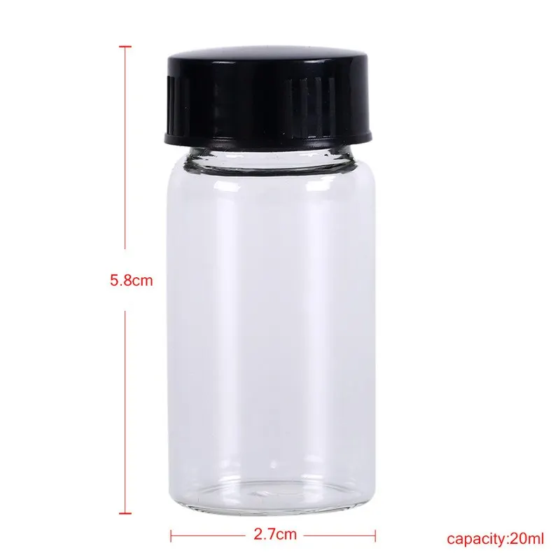 20 ML Transparent Small Glass Vials Bottles Containers With Black Screw Cap For Cosmetic Refillable Bottle
