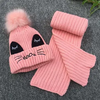 

3-10years Kids Cute Cat Knitted Winter Hat and Scarf 2pc Set Boys Girls Warm Fleece Hat Set Pink Yellow Grey Black Red
