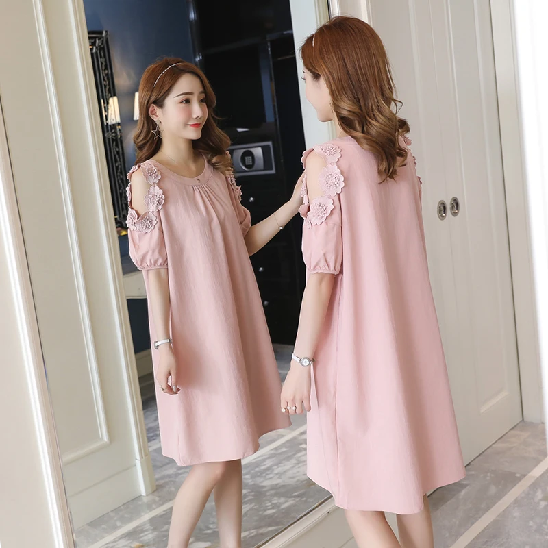 

2024 summer maternity dress short sleeve floral embroidery shoulderless pregnancy a-line shirts fashion pregnant woman clothes