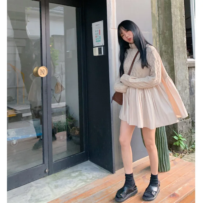 GetSpring Women Sweater Long Sleeve Turtleneck Knitted Sweater Pullovers Pleated Spliced Sweater Dress Loose Autumn Winter