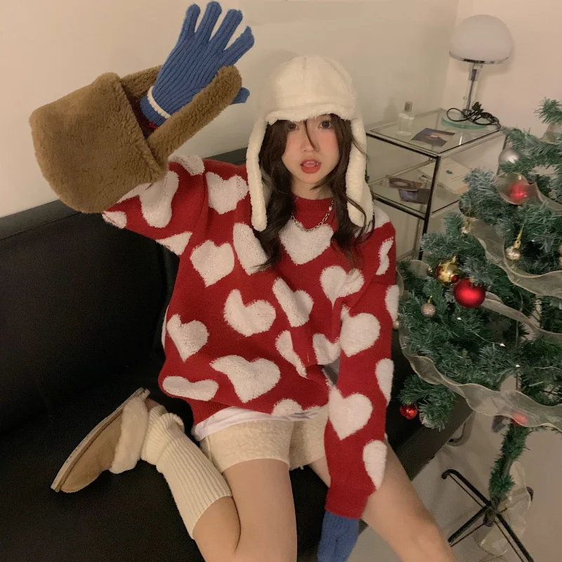

Winter Sweet Girl Loose Casual Pullover Kawaii O-Neck Vintage Heart-shaped Color Contrast Full Sleeve Knitting Lazy Sweater