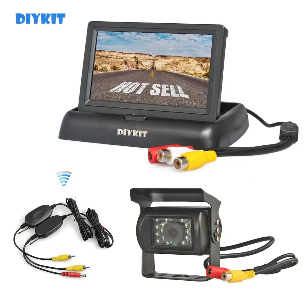 DIYKIT, беспроводной, 4,3 дюймов, складной монитор заднего вида, автомобильный монитор, водонепроницаемый, CCD, обратный резервный ИК, ночное видение, для автобуса, грузовика, камера