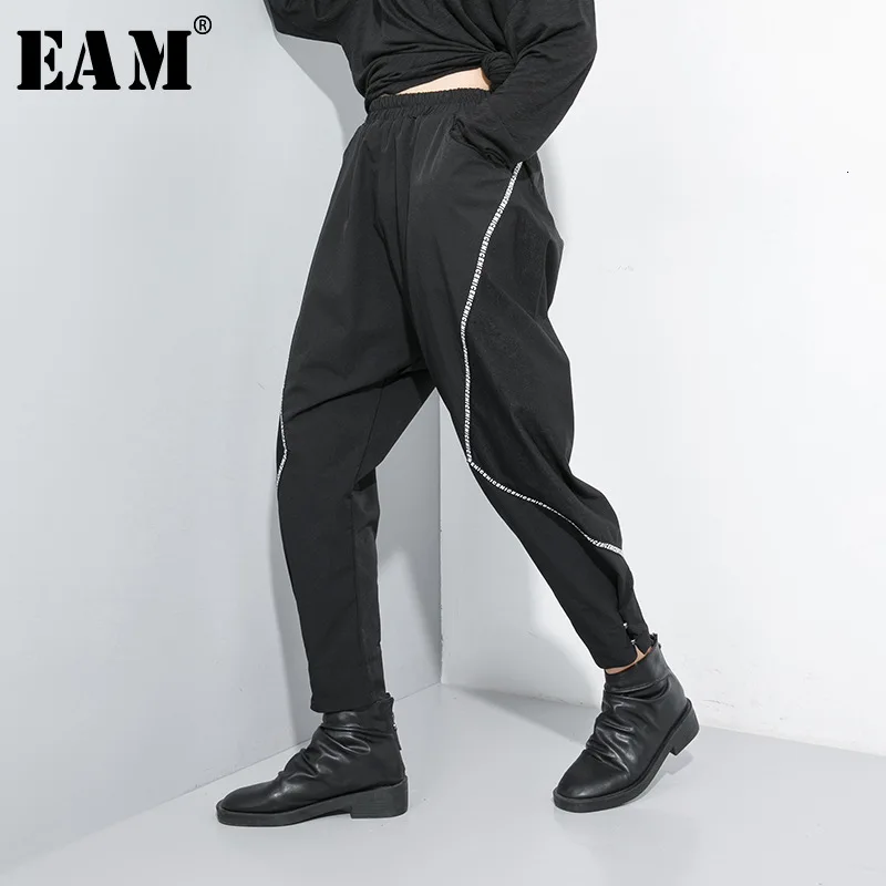 

[EAM] High Elastic Waist Spliced Ribbon Hit Color Trousers New Loose Fit Harem Pants Women Fashion Tide Spring Autumn 2019 1B709