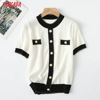 

Tangada women white elegant thin sweater short sleeve summer vintage ladies office lady knitted jumper tops YU68