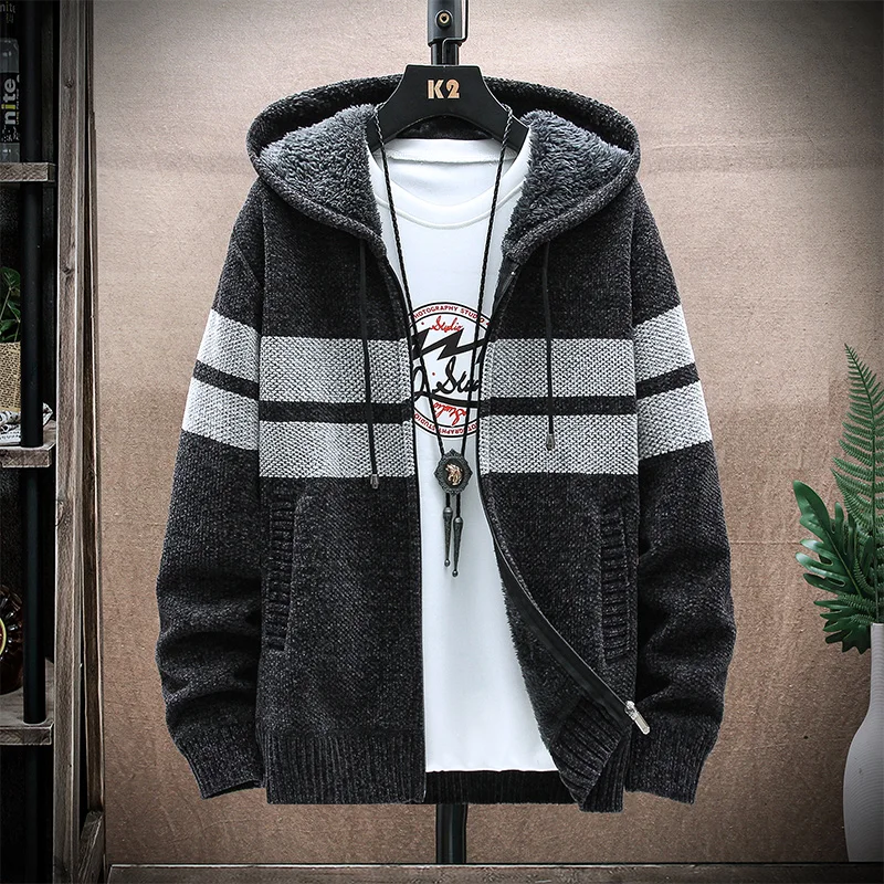 Men's Stripe Knitwear Sweater Autumn/Winter Hat Flint Heavy Wool Llined Cardigan Casual Slim Warm Jacket