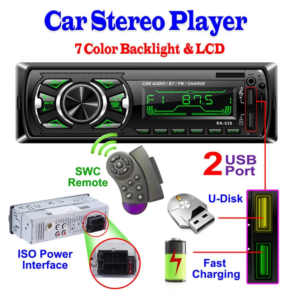 RK-538 зарядное устройство для автомобиля с двумя USB-портами, FM, 12 В, фиксированная передняя панель, автомобильная аудиосистема, MP3, WMA плеер, Bluetooth, SD, AUX, SWC, пульт дистанционного управления 7388 IC 538 - изображение