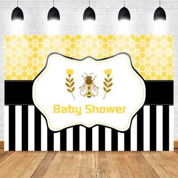 

Neoback Baby Shower Photo Background for Photography Lovely Bee Newborn Baby Backdrop Yellow White and Black Stripes Background