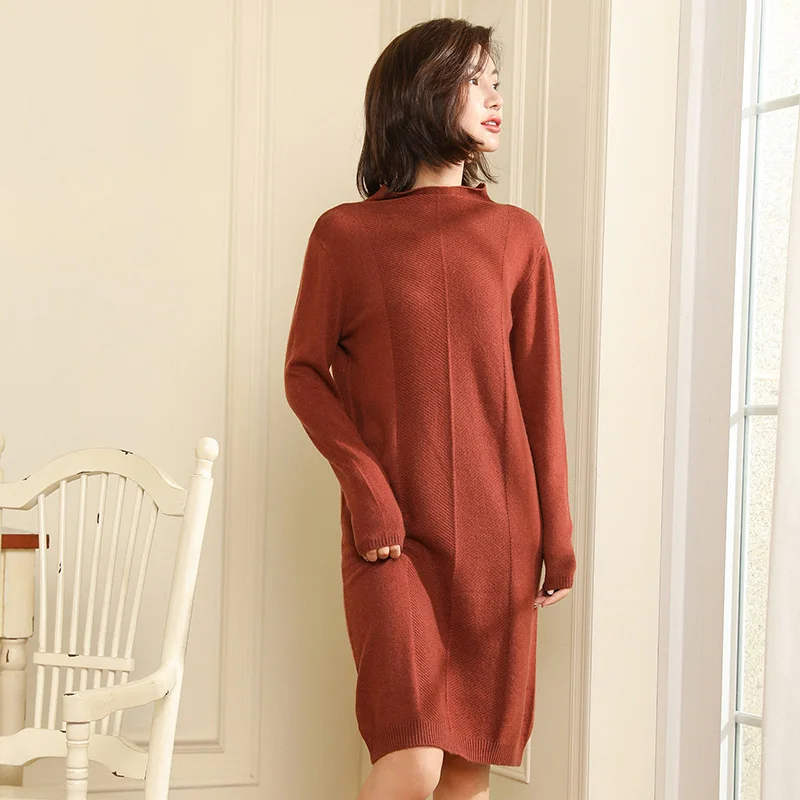 

2019 new pure sweater women's round neck long section pullover sweater bottoming shirt dress solid color