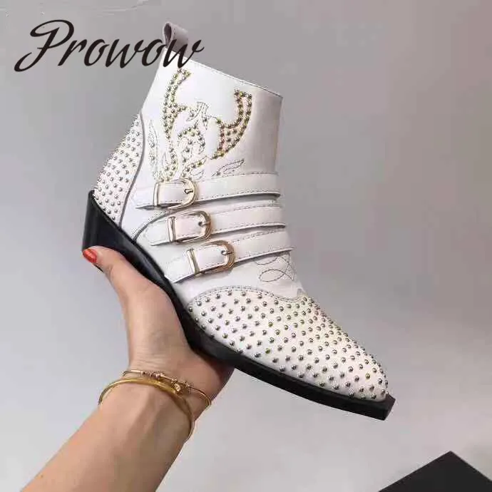 

Prowow New Genuine Leather Metal Studded Autumn Winter Ankle Boots Buckle Strap Low Heel Women Boots Shoes Women