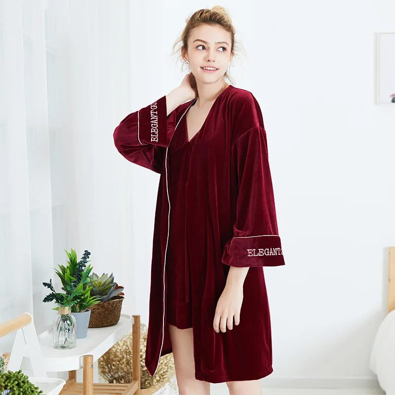 Ночная рубашка, пижамный комплект, стиль, бархатный ремень, женская одежда для сна, женская новая осенняя и зимняя одежда, тренировочный костюм, банный Халат - Цвет: Wine Red