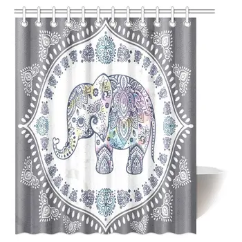 

Bohemian Elephant Shower Curtain, Indian Lotus Cute Ethnic Elephant Polyester Fabric Bathroom Set with Hooks,