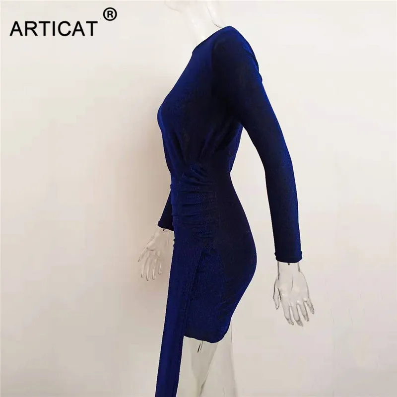 Articat, Осеннее блестящее ДРАПИРОВАННОЕ облегающее платье, женское платье с длинным рукавом и круглым вырезом на спине, женское однотонное мини уличное платье