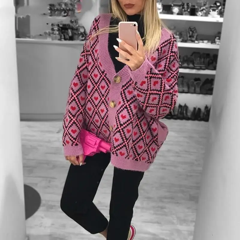 Женский осенне-зимний однобортный Кардиган с принтом в виде сердца, с v-образным вырезом, рукав летучая мышь, толстый вязаный свитер большого размера