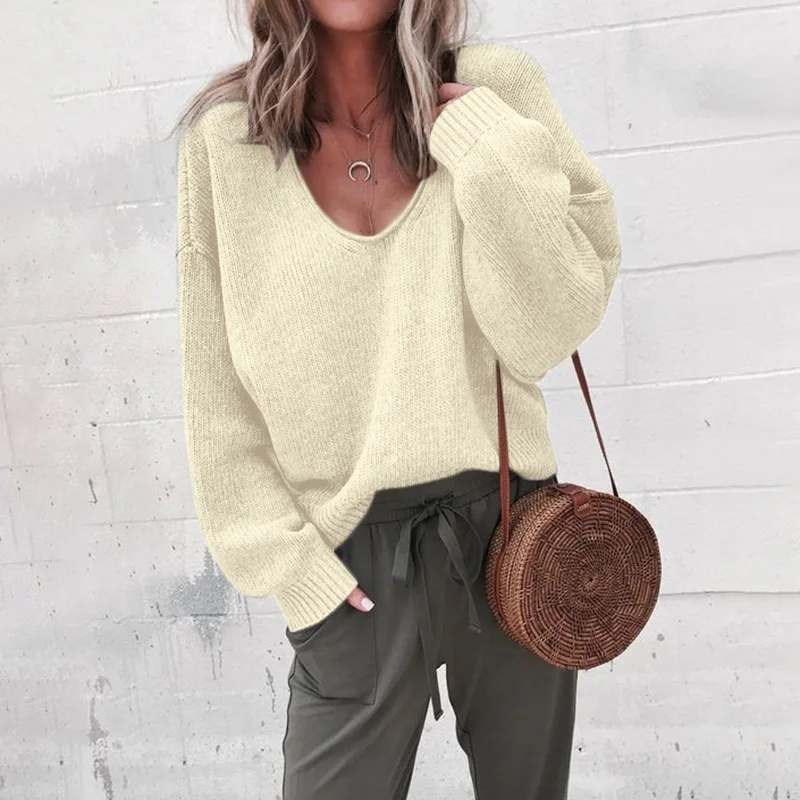 2019 Women's Sweater Autumn and Winter Pullover V-neck Long-sleeved Large Size Solid Color Bottoming Shirt | Женская одежда