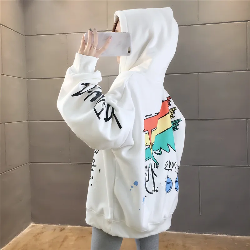 Брендовые женские толстовки осень зима размера плюс 2XL Kawaii топ с принтом Свободный корейский стиль длинный рукав повседневная черная плотная одежда