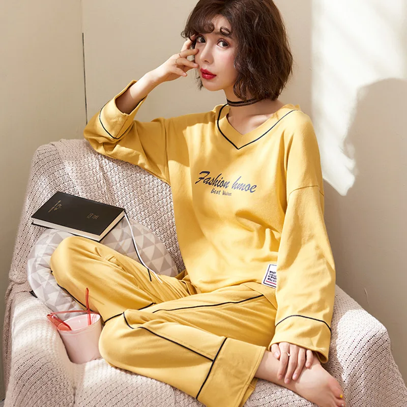 

602 # V-neck Solid Color Lettered Jyr Long-sleeved Pullover Sweet Pajamas Homewear Set