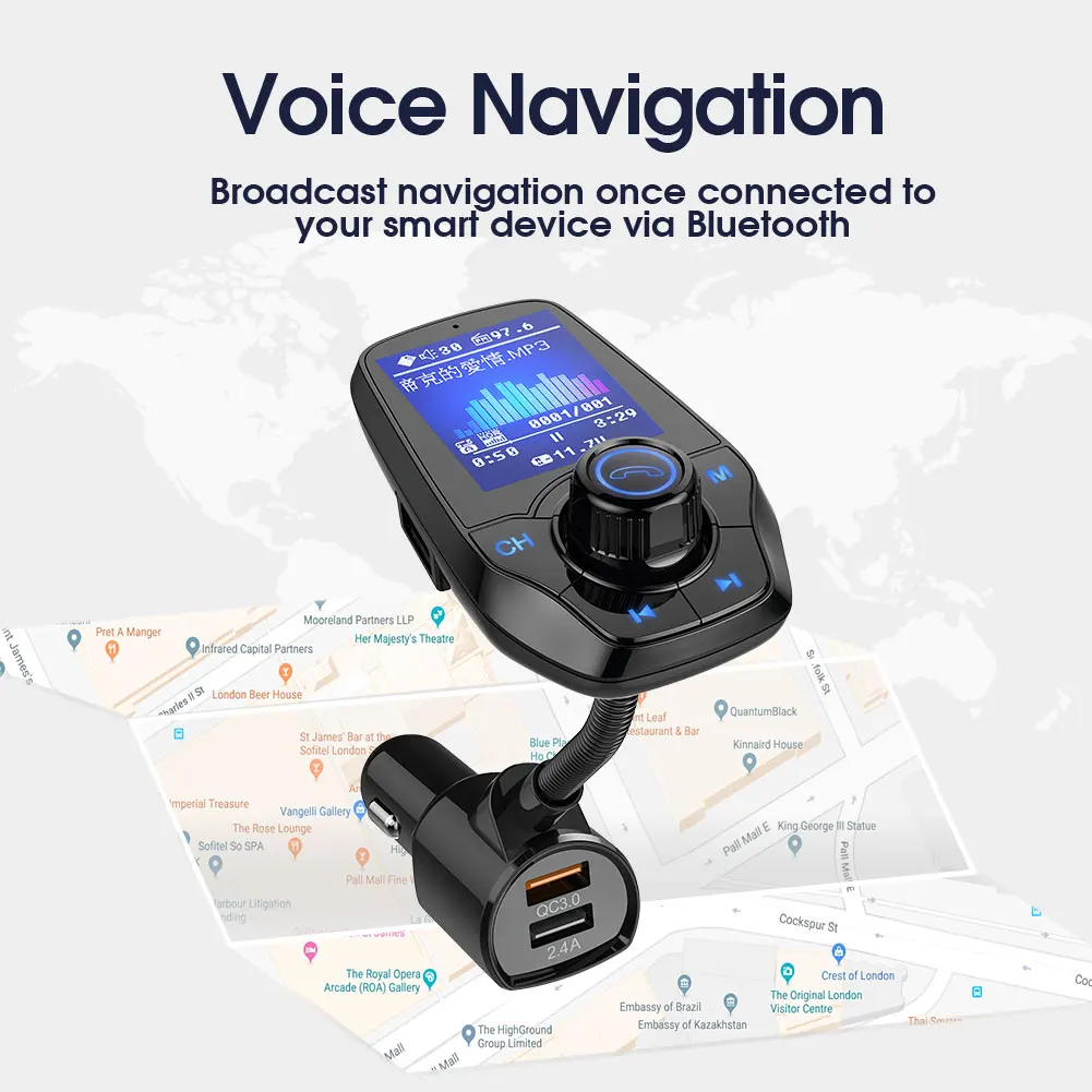 T26 Car LCD Bluetooth MP3 Player FM Transmitter Hands-free QC3.0 USB Charger