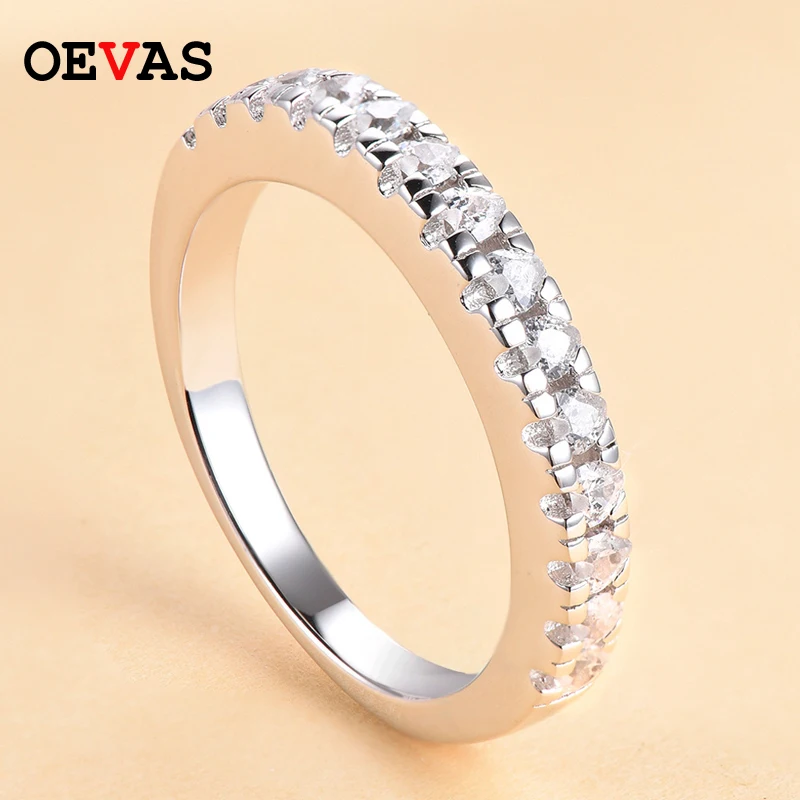 

OEVAS Solid 925 Sterling Silver 1 Row 2.5mm Heart Zircon Rings For Women Sparking Wedding Party Bride Band Fine Jewelry Gifts