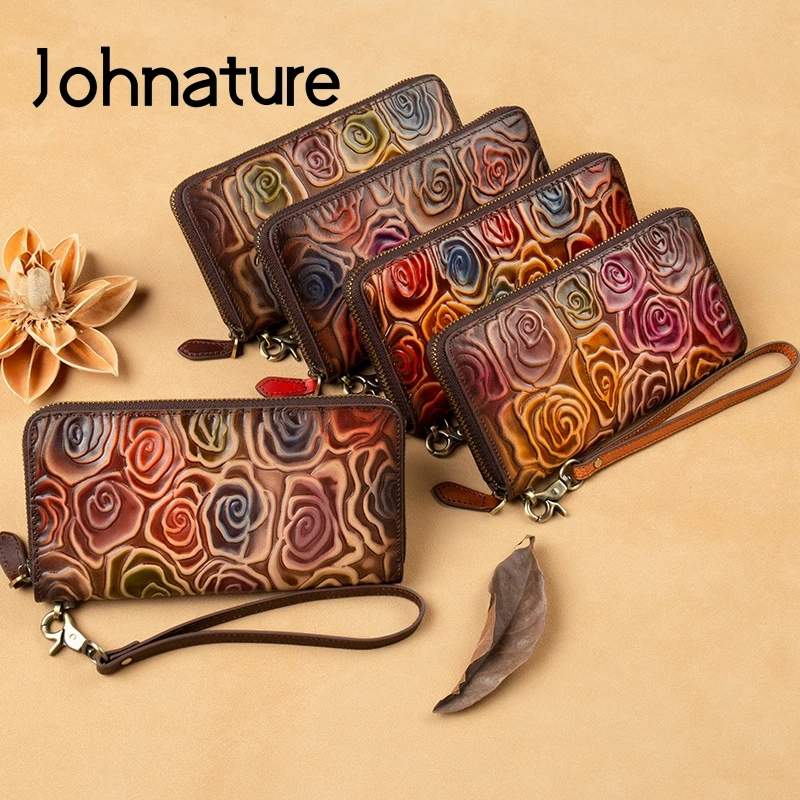 

Женский Длинный кошелек из натуральной кожи Johnature, винтажный бумажник-клатч из воловьей кожи с рельефным покрытием и отделением для карт, кошелек для телефона, 2024
