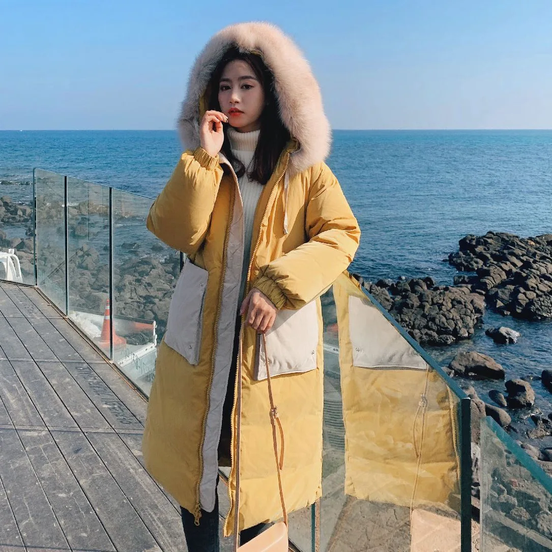 

Photo Shoot INS down Coat Mid-length Hooded Large Fur Collar Stereo Mixed Colors Large Pocket Thick Best Friend Cotton-padded Cl