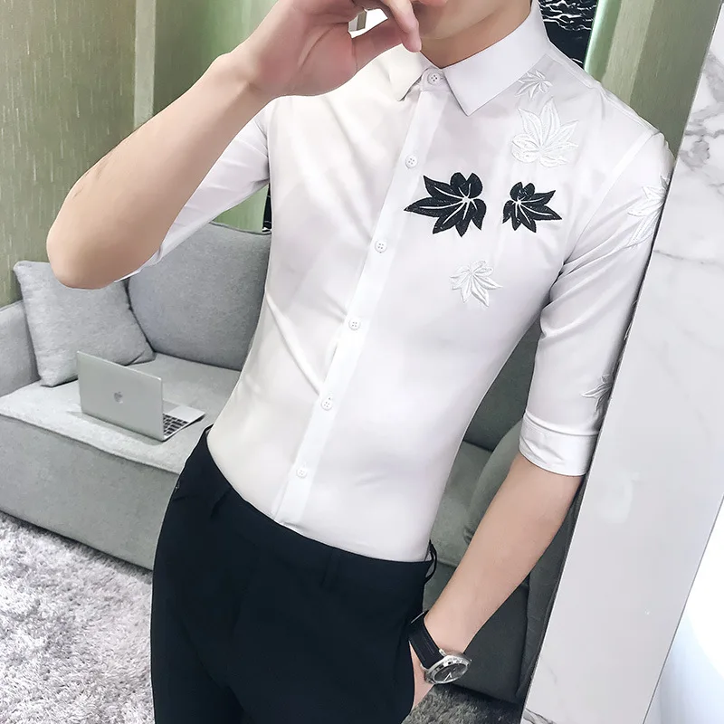 Мужская рубашка с вышивкой, высокое качество, Camisa Masculina Blcak, белая рубашка с коротким рукавом, рубашка для ночного клуба, Chemise Homme, уличная одежда