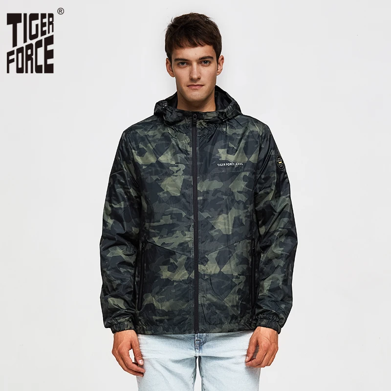 

TIGER FORCE Spring Men Casual Jacket Hooded Camouflage Jacket with Print Men's Windbreaker Coat Male Army Camo Outwear