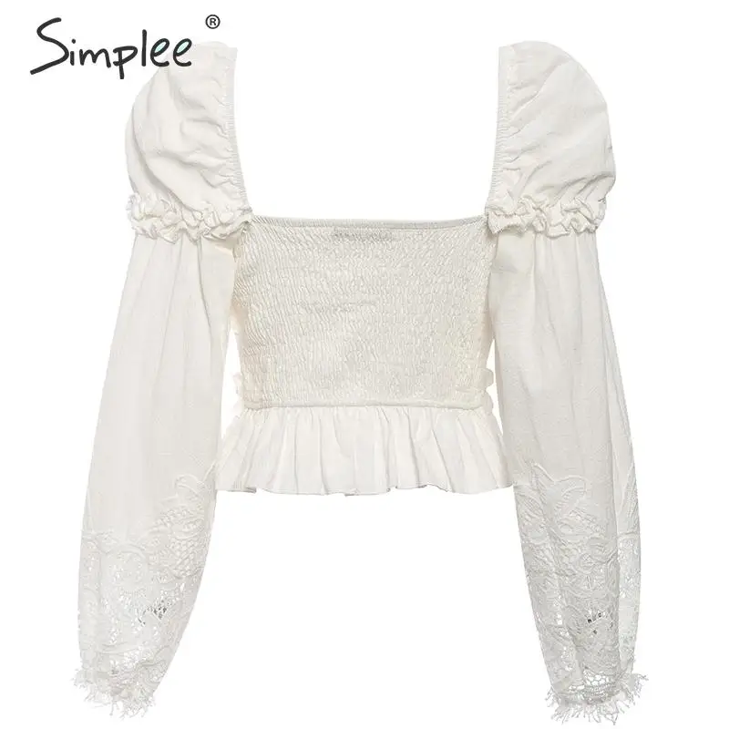 Simplee Vintage хлопковая блузка в викторианском стиле с рукавами-фонариками и рюшами с полым топом Зашнуровать роскошные женские короткие блузки